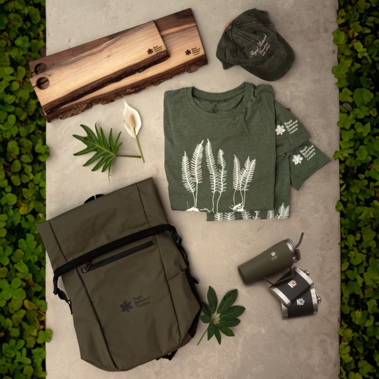 flat lay of RBG branded shop merch including a baseball cap, backpack, tumbler, flask, tshirts, and wooden boards