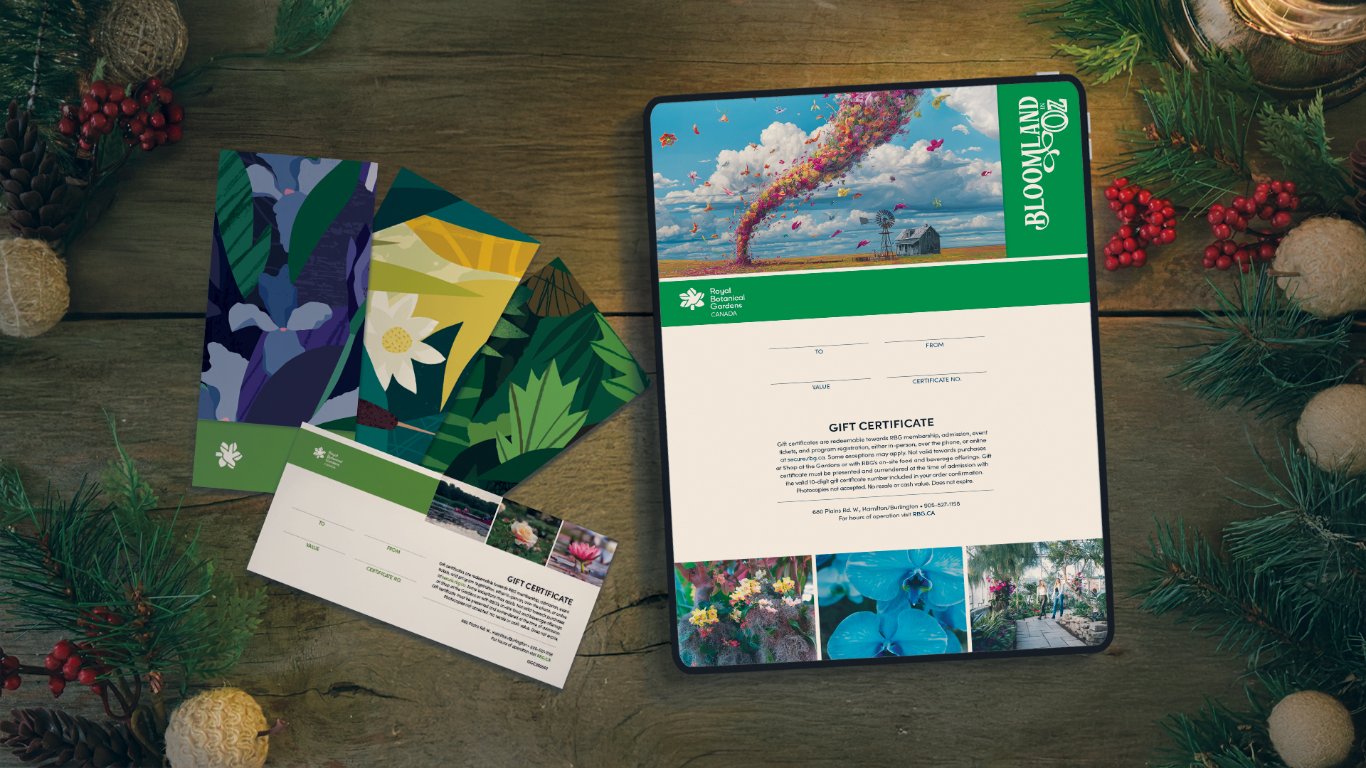 2025_RBG_GiftCertificate_Mockup-Holiday-Bloomland Holiday banner featuring RBG gift certificates in physical or digital form