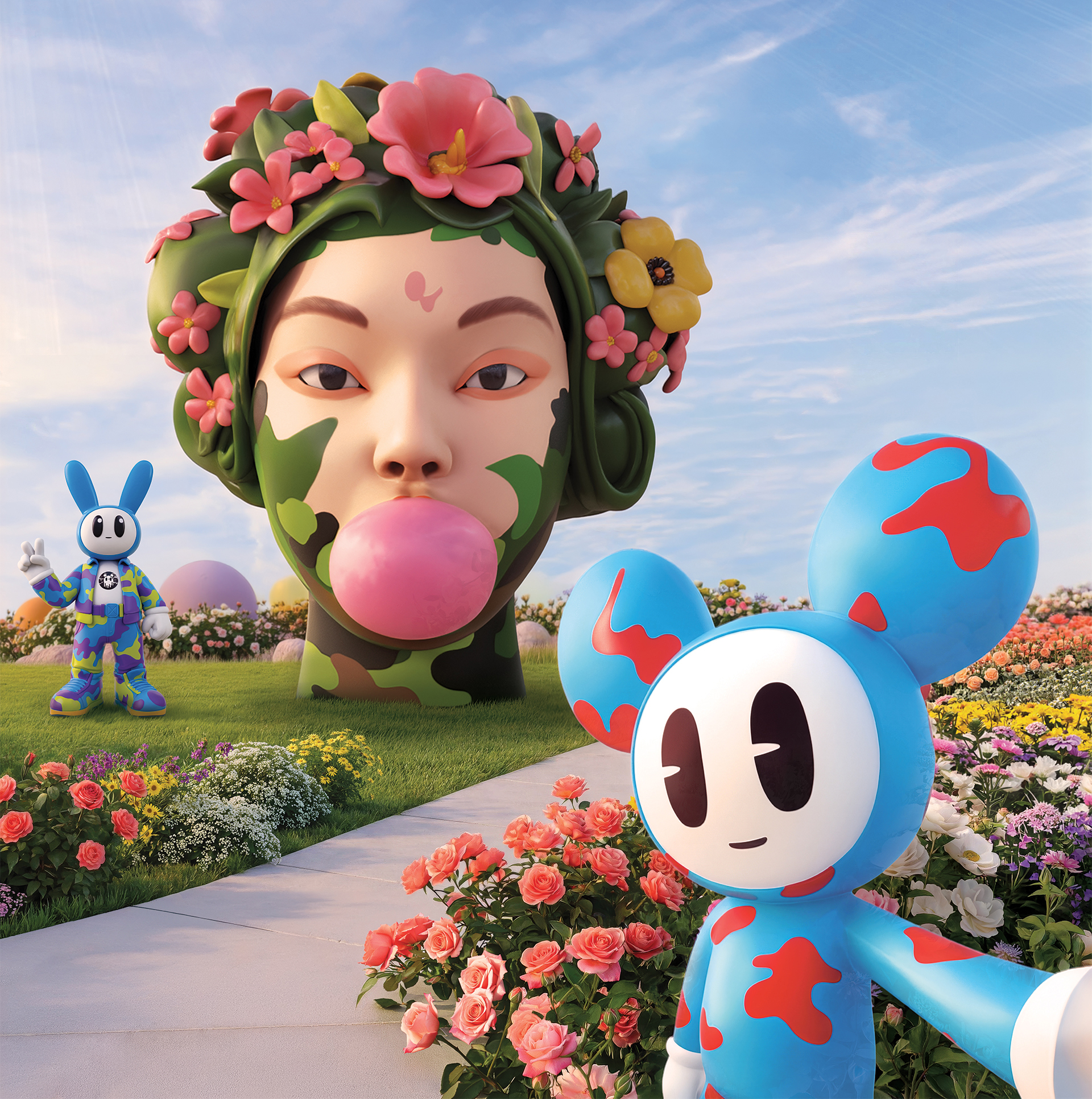Anchorball art exhibit promotional graphic. Whimsical garden scene with a giant head sculpture with flowers, blowing a pink bubblegum bubble. In the foreground and midground, two cartoon-like bunny characters with blue ears and colorful patterns stand among vibrant flower beds along a curved pathway. The setting is an open grassy landscape under a bright sky with soft clouds. Text reads: Anchorball A Curious Art Journey June 20 to September 20. RBG logo in bottom left corner