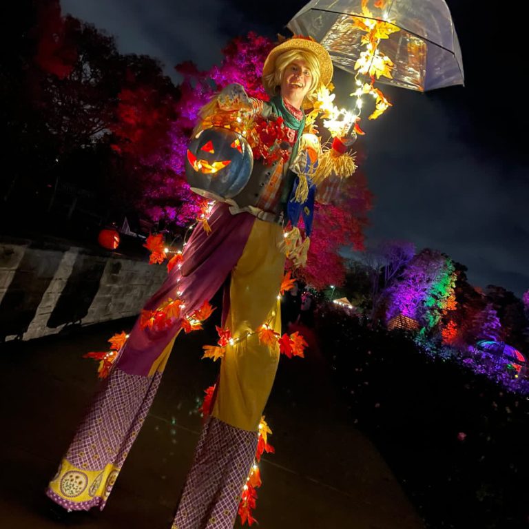 Scarecrow performer on stilts walking through Hendrie Park at Pumpkin Trail event