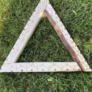 Alex Jacobs-Blum progress - caption _Prototype for my upcoming piece, _Guided by reflections_, for the Urban Moorings Two project, curated by Nora Hutchinson & Alexis Moline! It will eventually be a life sized Hodi wooden triangle with burned designs