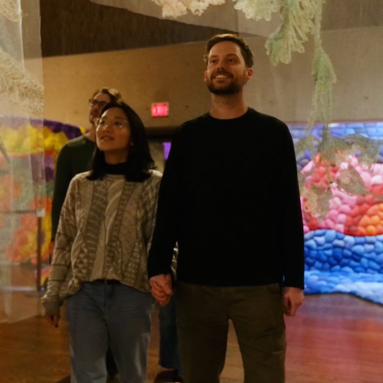 couple walking through tapestry with flowers embroidered on them