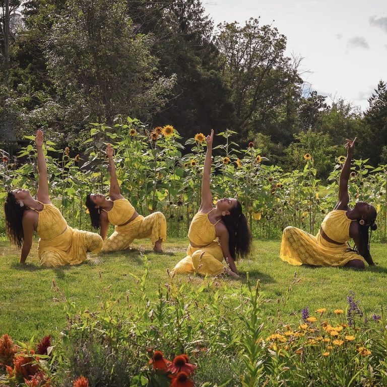 Indigenous dancers performing in a ring of sunflowers