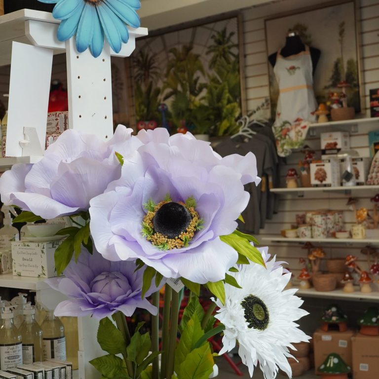 Large decor flowers displayed as part of the Garden Shop