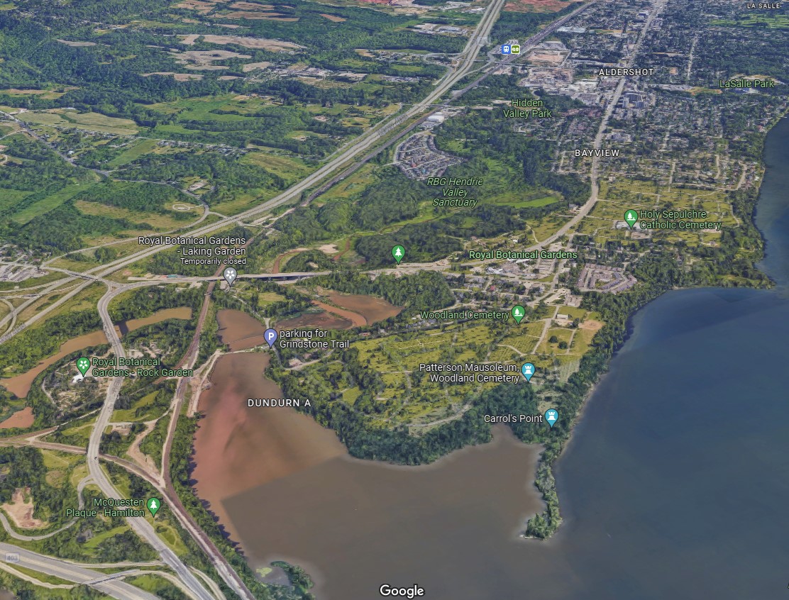 Overview Image of Grindstone Creek Marsh in Burlington Ontario (Google Maps).