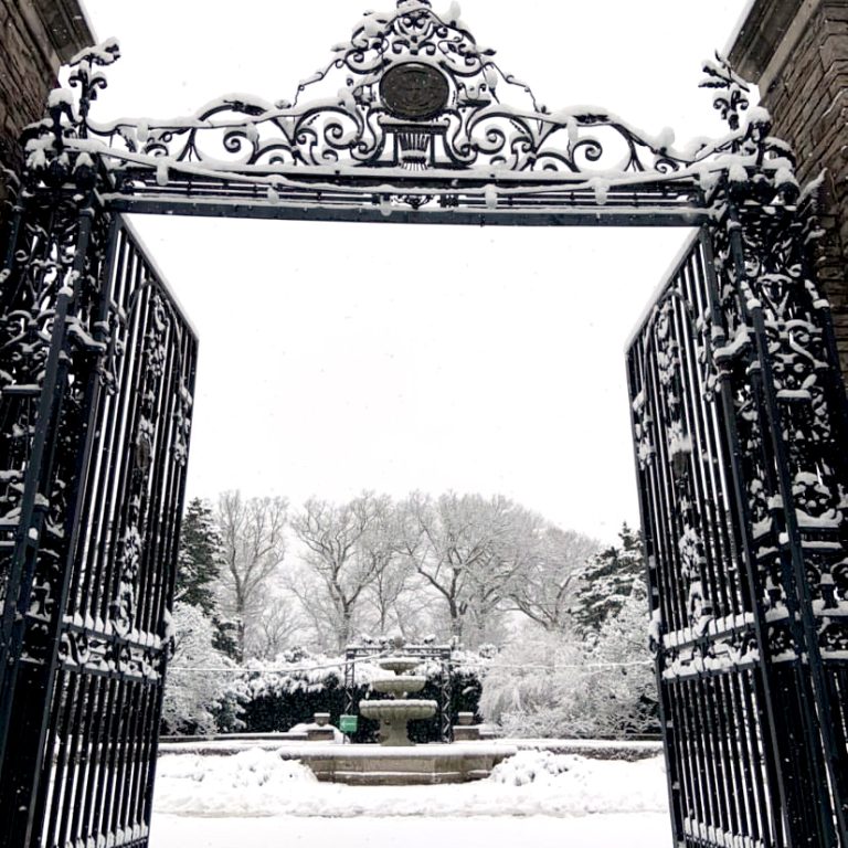 Hendrie Park gates and Scented Garden fountain covered in snow