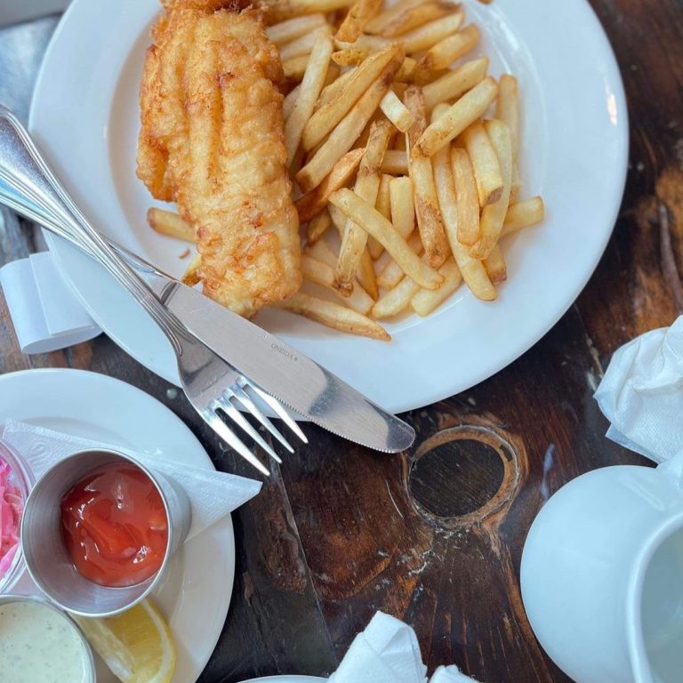 Fish and Chips on a round plate
