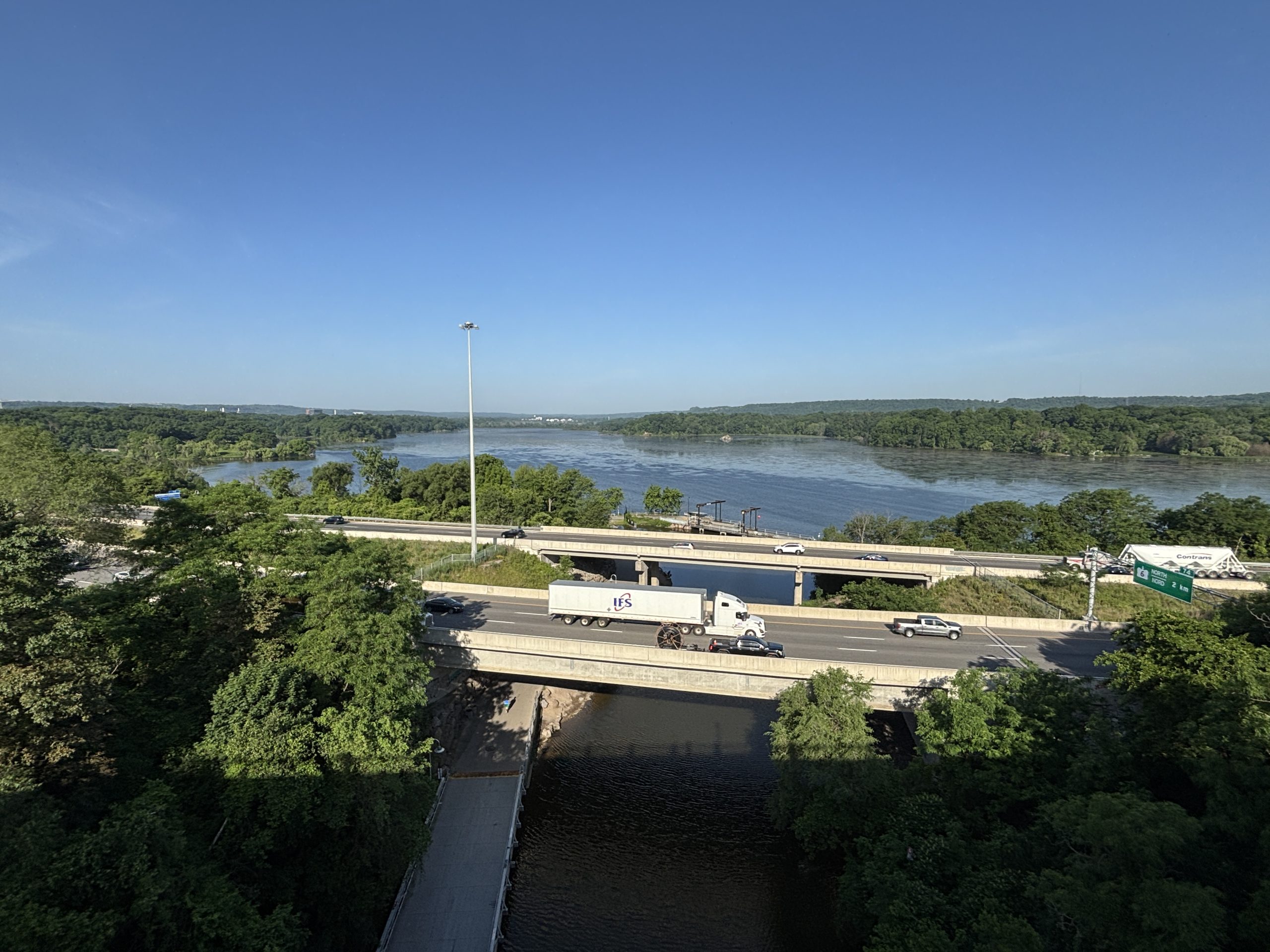 Cootes Paradise Marsh June 2025 View of habitat recovery from the York Blvd Bridge looking West over Cootes Paradise July 29th 2025. Chedoke flows into the lower right corner creating the open water/lack of plants with water than passing under the bridges to Hamilton Harbour