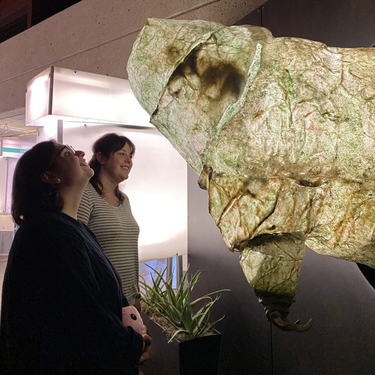 two visitors looking at larger than life tardigrade model