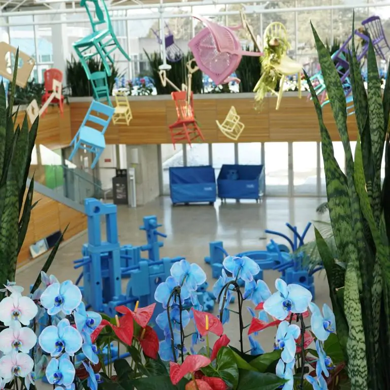 Blue orchids, anthurium, and snake plants in the foreground with Imagination Play ground blue foam blocks below in the background. The high ceiling showcases an artistic installation of colorful wooden chairs and keys suspended in midair, contributing to a whimsical atmosphere.