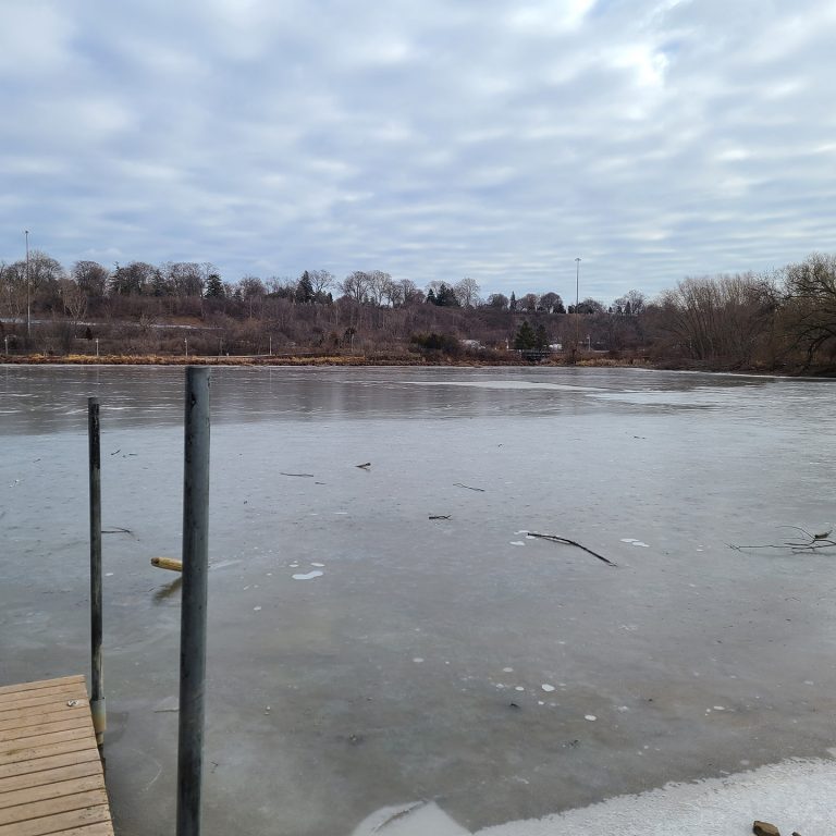 Dock at Princess Point with barely frozen ice, unsafe for skating