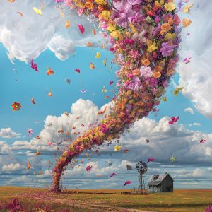 Print Image FINAL Bloomland Illustrated image of tornado made of flowers on a flat kansas landscape, approaching farmhouse