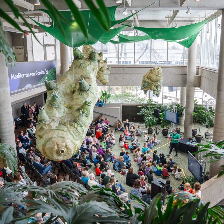 Tardigrades hanging from the ceiling above a large crowd watching a presentation by RBG staff