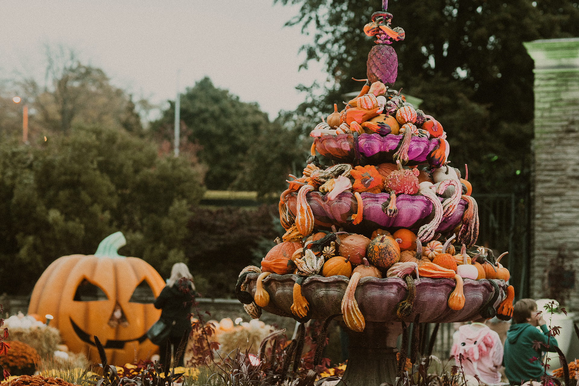 Scented garden filled with pumpkins and gourds, including spilling out of the fountain