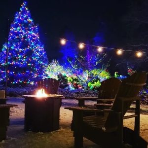 #RBGWinterWonders-JohnNunez-Firepit Muskoka chairs around a small fire. A large christmas tree with lights in the background