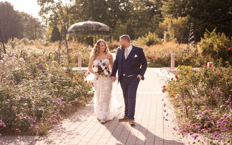 Bride and groom walking along pathway through rose garden in Burlington Ontario in early autumn