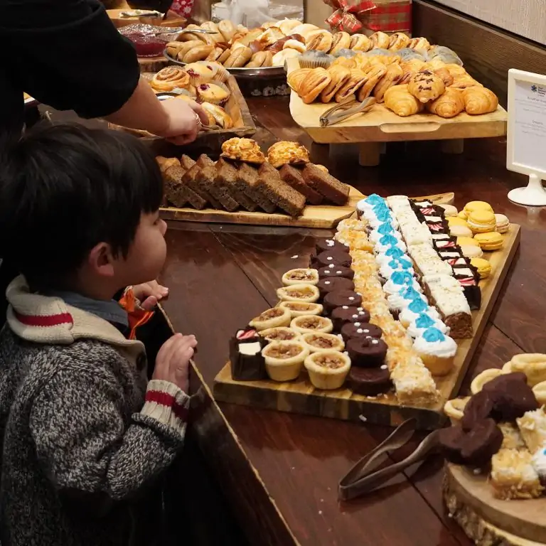 child at a buffet brunch staring at a plate of various desert squares