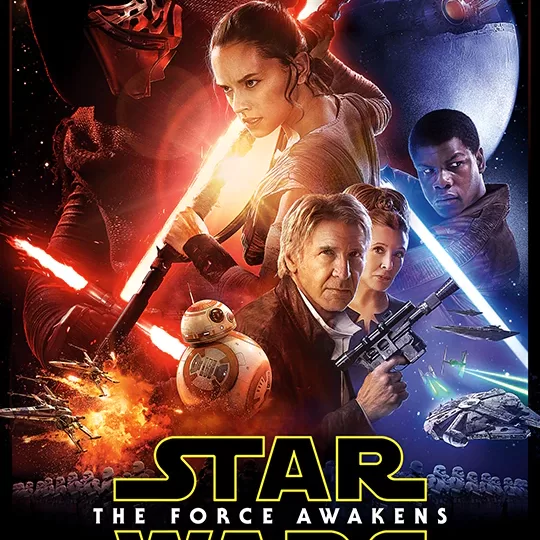 Star Wars the Force Awakens poster featuring characters from the film posed across a black backdrop, and red and blue lightsabers