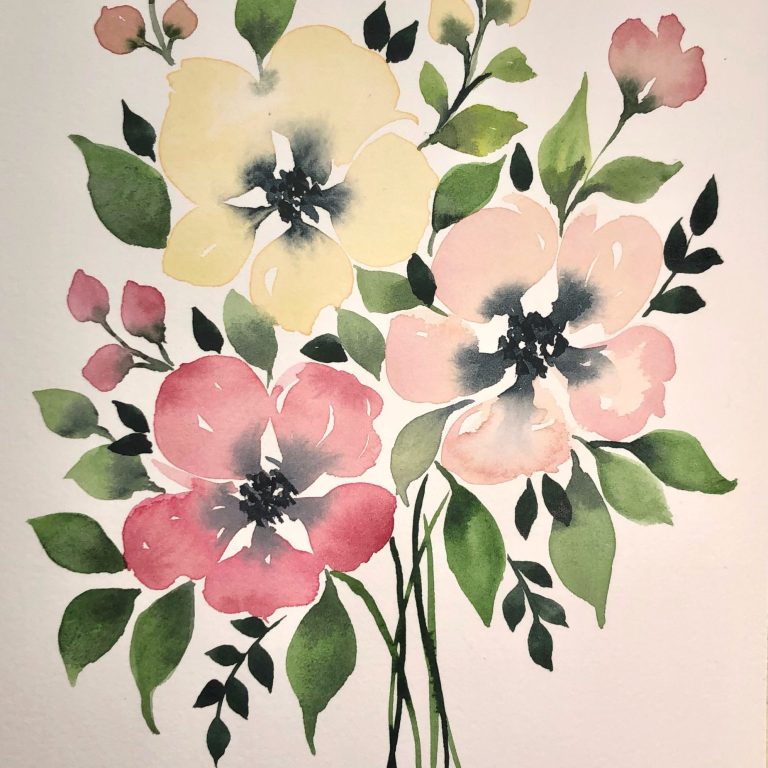 Watercolour painting of a bouquet of flowers
