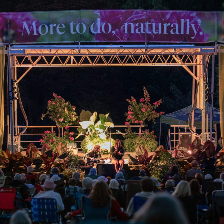 Outdoor concert in the gardens on an open stage decorated with plants