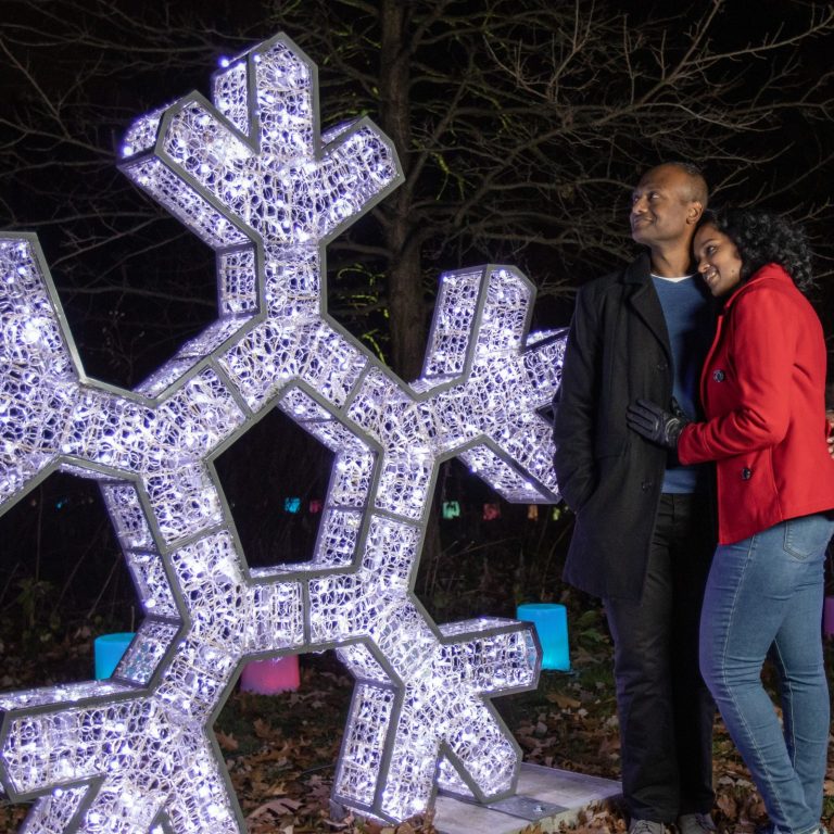 Couple hugging while posing in front of large snowflake light installations