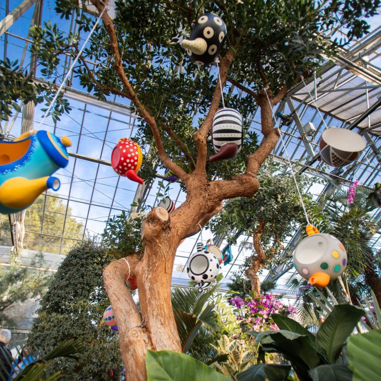 whimsical hand painted tea pots strung from a tree in the Mediterranean Garden