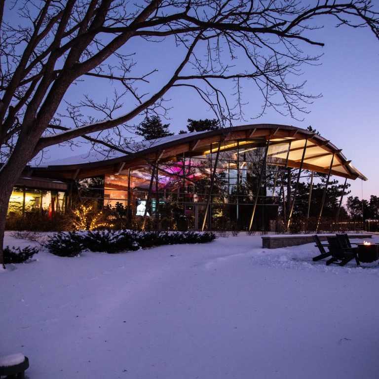 Rock Garden Visitor Centre at night with the interior illuminated by colourful lighting