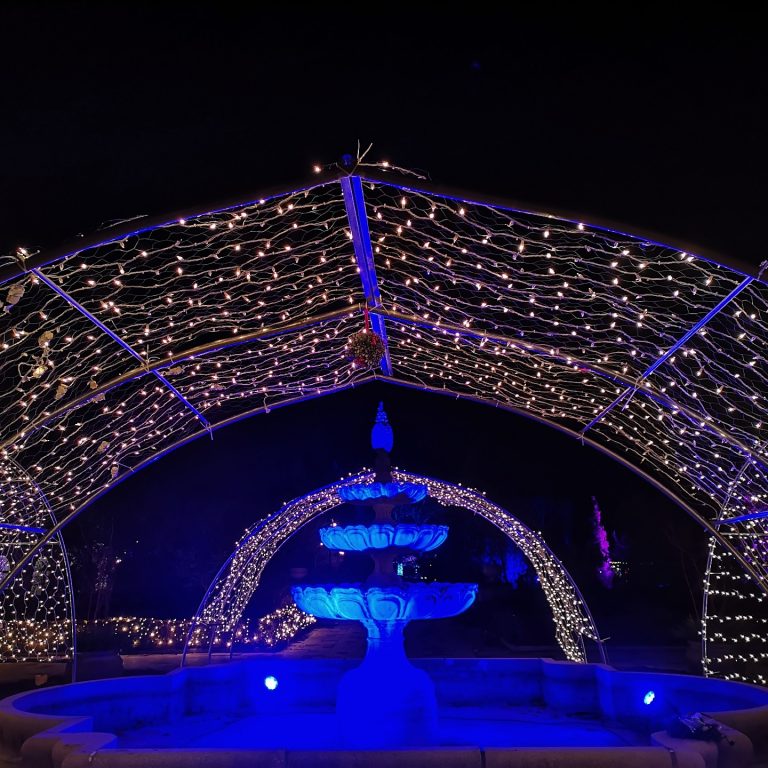 Archway of white sparkling lights around fountain