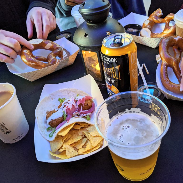 beer and finger foods on a table at RBG after dark
