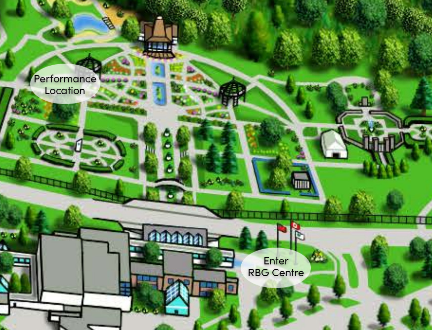 beings of light performance map Map of RBG Centre and Hendrie Park, indicating to arrive at RBG Centre, and the performance location just outside the southwest corner of the Rose Garden