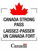 Bilingual visual identifier with ‘Canada Strong Pass’ and ‘Laissez-passer Un Canada fort’ in bold text. A dotted border suggests a ticket edge, a partial maple leaf sits at the top, and the Canada wordmark appears at the bottom.