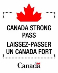 Bilingual visual identifier with ‘Canada Strong Pass’ and ‘Laissez-passer Un Canada fort’ in bold text. A dotted border suggests a ticket edge, a partial maple leaf sits at the top, and the Canada wordmark appears at the bottom.