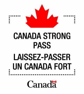 canada Strong pass logo Bilingual visual identifier with ‘Canada Strong Pass’ and ‘Laissez-passer Un Canada fort’ in bold text. A dotted border suggests a ticket edge, a partial maple leaf sits at the top, and the Canada wordmark appears at the bottom.