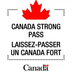 Bilingual visual identifier with ‘Canada Strong Pass’ and ‘Laissez-passer Un Canada fort’ in bold text. A dotted border suggests a ticket edge, a partial maple leaf sits at the top, and the Canada wordmark appears at the bottom.
