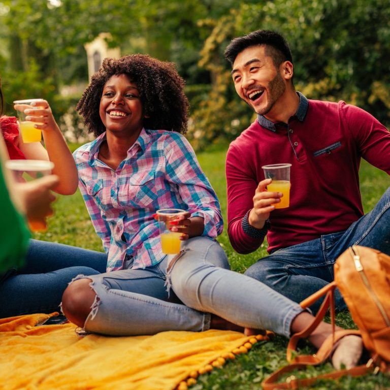 Couple enjoying a summer picnic with friends