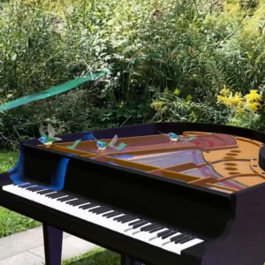 dawn-chorus-sarah-meyohas small blue birds flying around a black piano in Kippax Garden