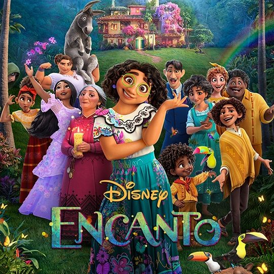 Encanto movie poster featuring a Columbian family in front of a large, magical home