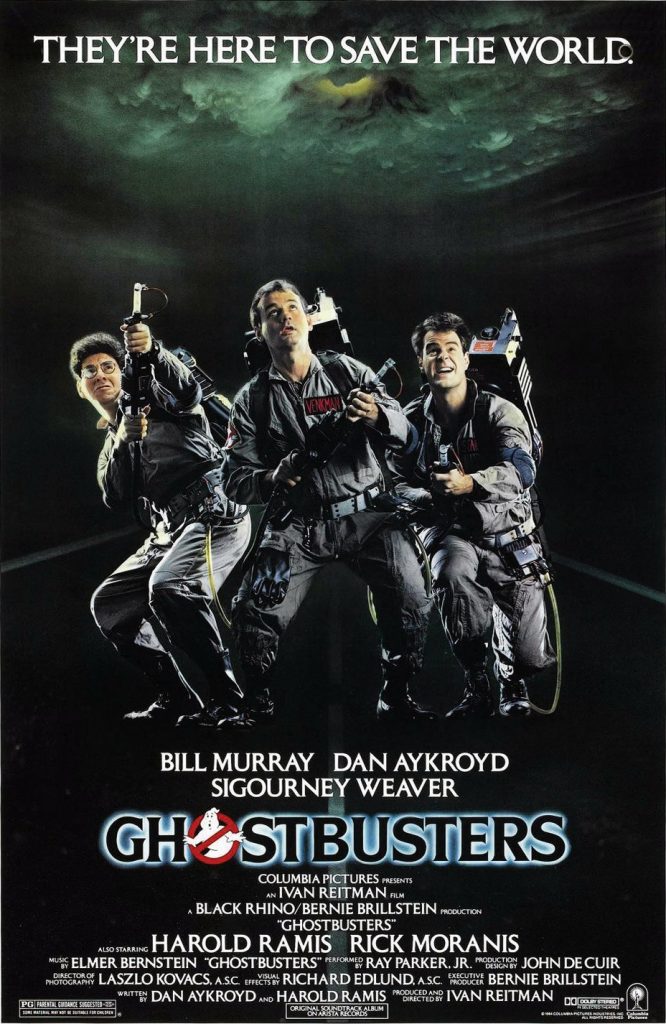 Ghostbusters movie poster, featuring three men in jumpsuits looking at a creepy sky