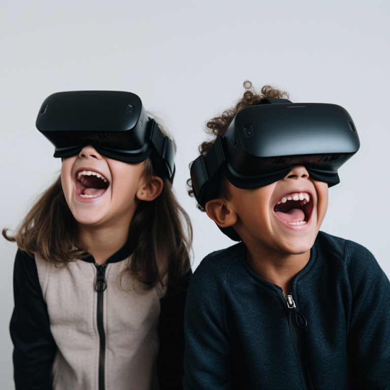 Two kids wearing virtual reality headsets, immersed in a VR experience,