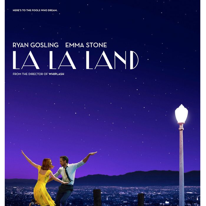 La La Land Movie Poster; Emma Stone and Ryan Gosling Dancing under the stars overlooking Hollywood
