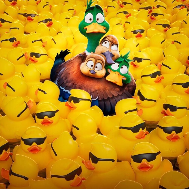 Migration movie poster, featuring a family of animated ducks among a sea of rubber duckies in sunglasses