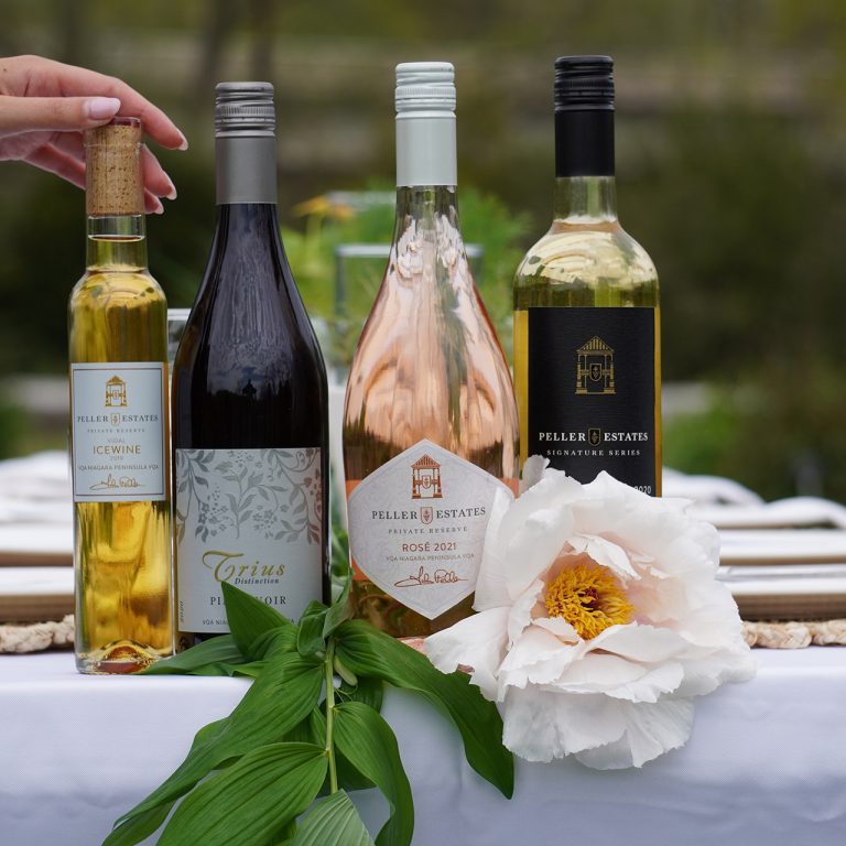 Lineup of wine bottles with a white peony on formal table, set up outdoors in Laking Garden