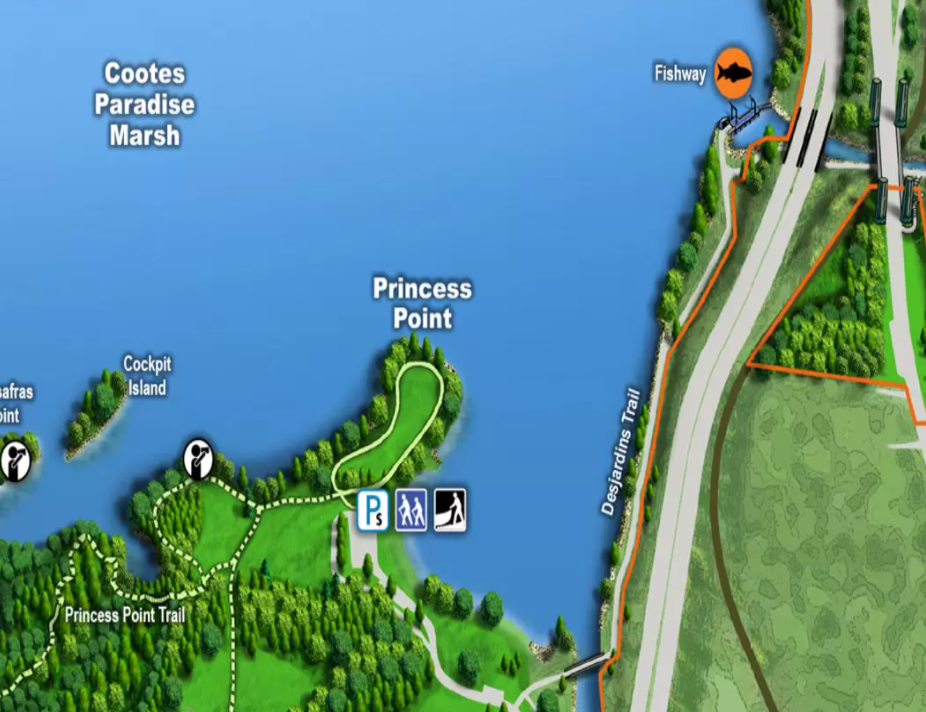 A map of the south-west corner of Cootes Paradise, showing Princess Point and the Fishway