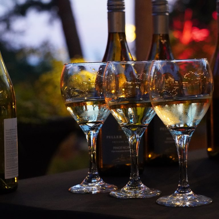 three wine glasses with white wine and bottles behind them in rock garden at night