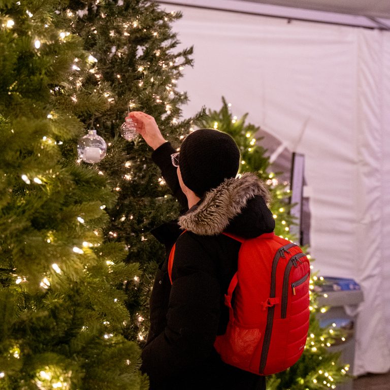 visitor hanging an ornament on a large tree at winter wonders