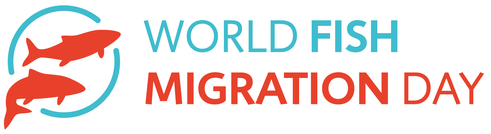 blue and red text reads world fish migration day, next to a blue circle outline with two red fish graphics